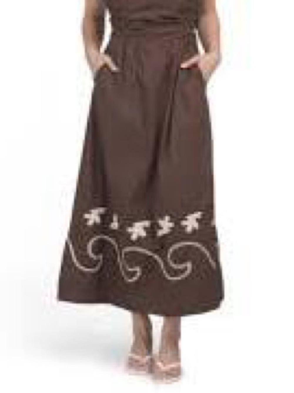 Women's Brown Embroidered Midi Dress with Pocket Detail